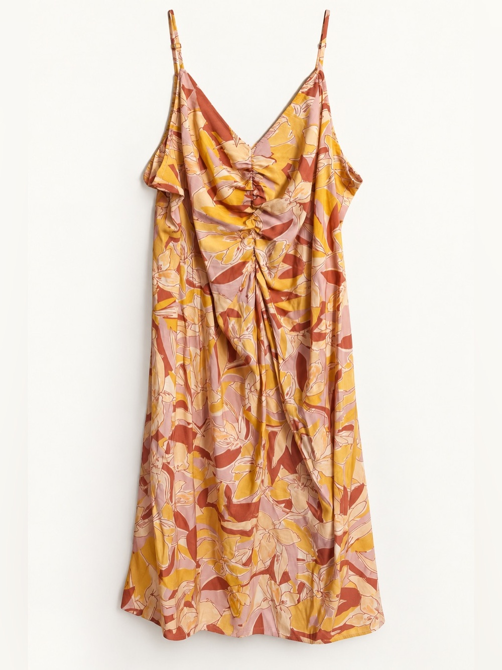 Nine West XL Floral Ruched Short Dress | Pink Mustard Rust